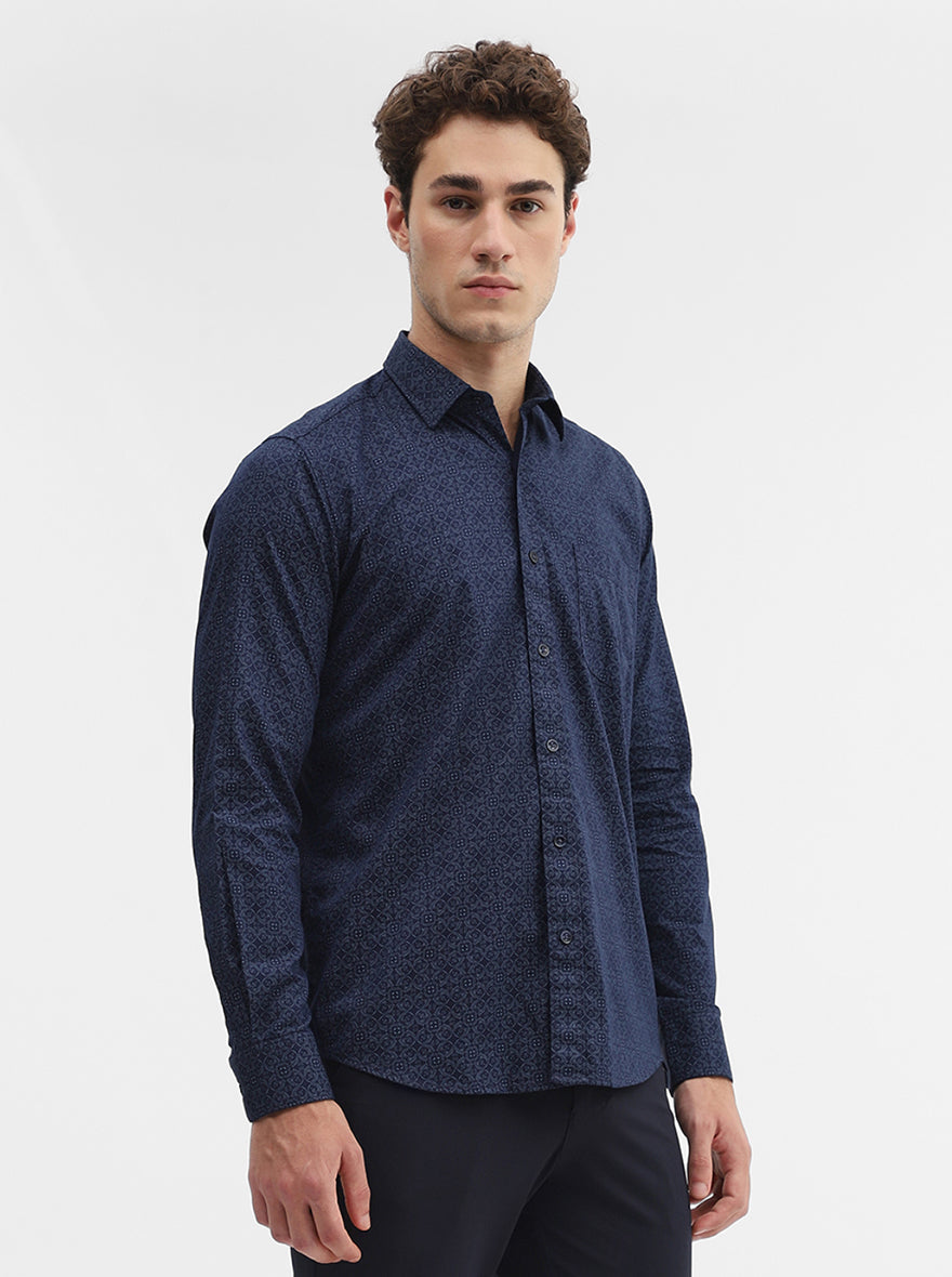 Navy Blue Printed Smart Fit Semi Casual Shirt | Greenfibre