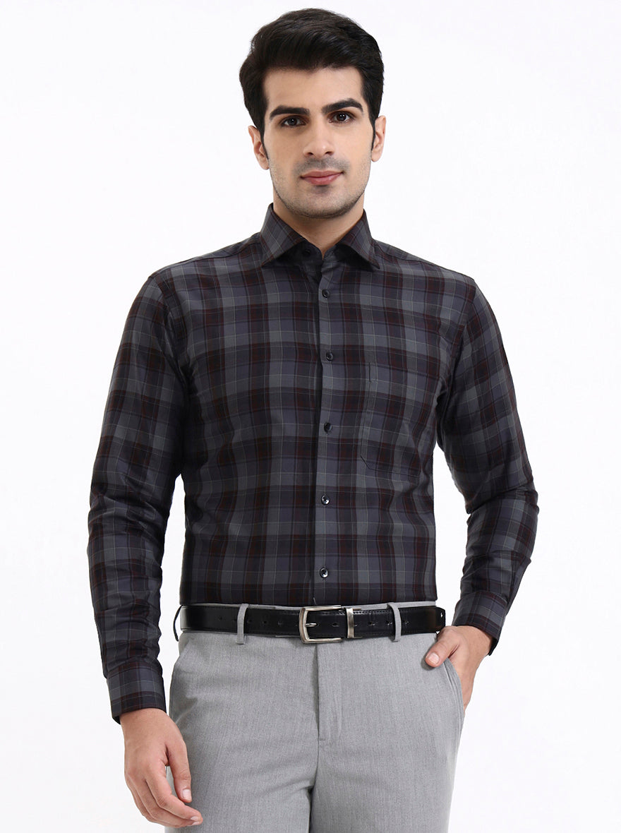 Grey & Maroon Checked Slim Fit Formal Shirt | Metal