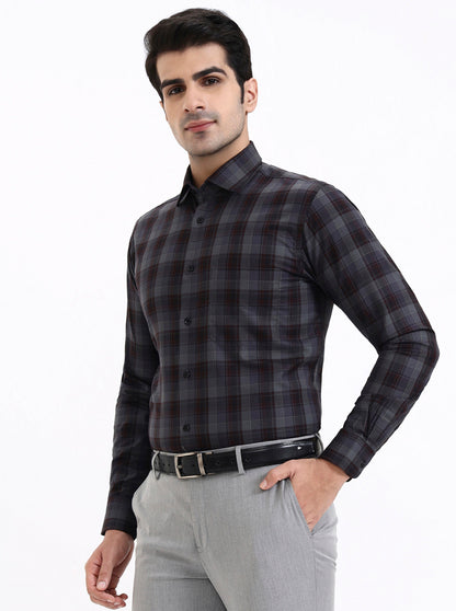 Grey & Maroon Checked Slim Fit Formal Shirt | Metal
