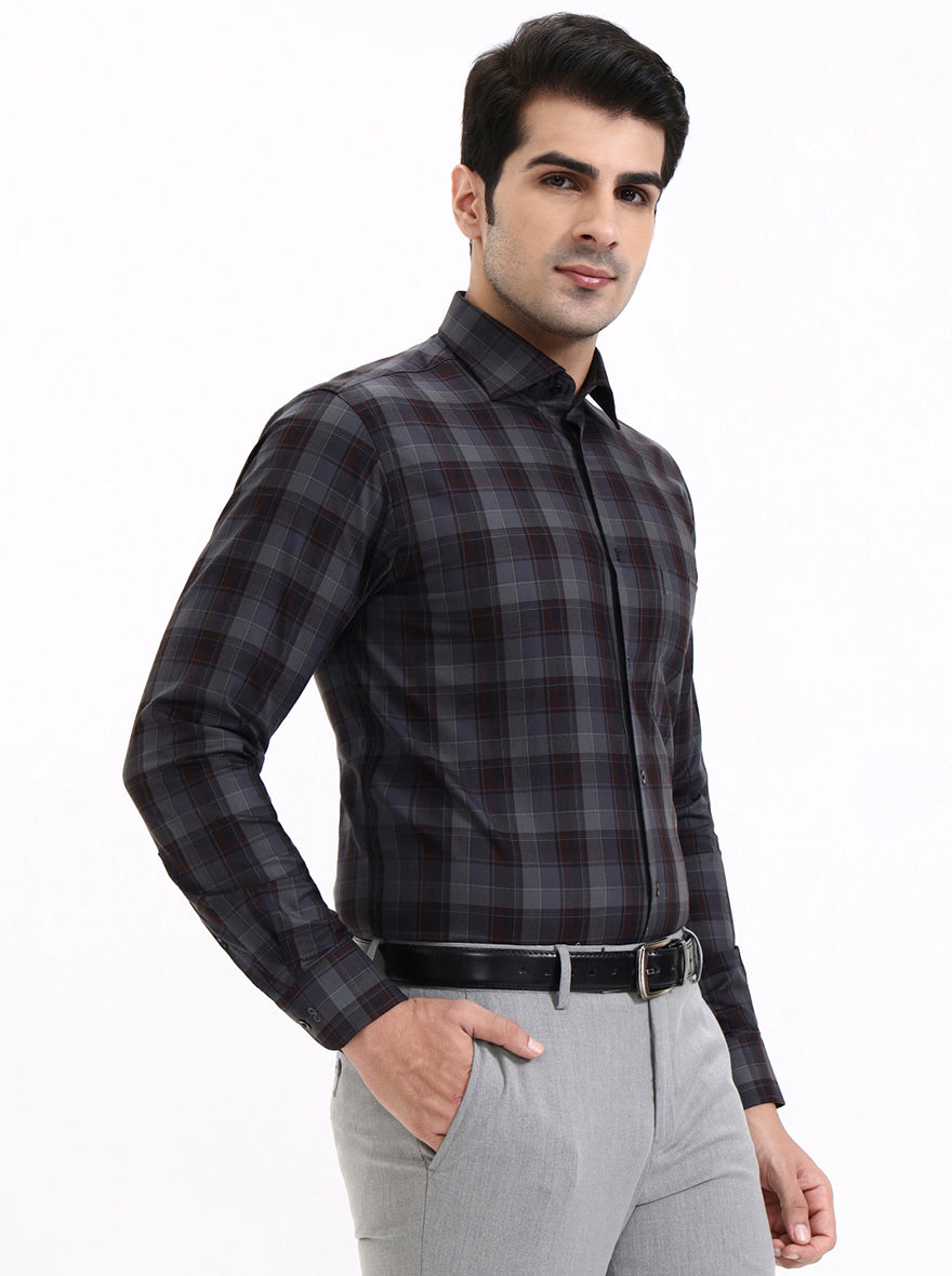 Grey & Maroon Checked Slim Fit Formal Shirt | Metal