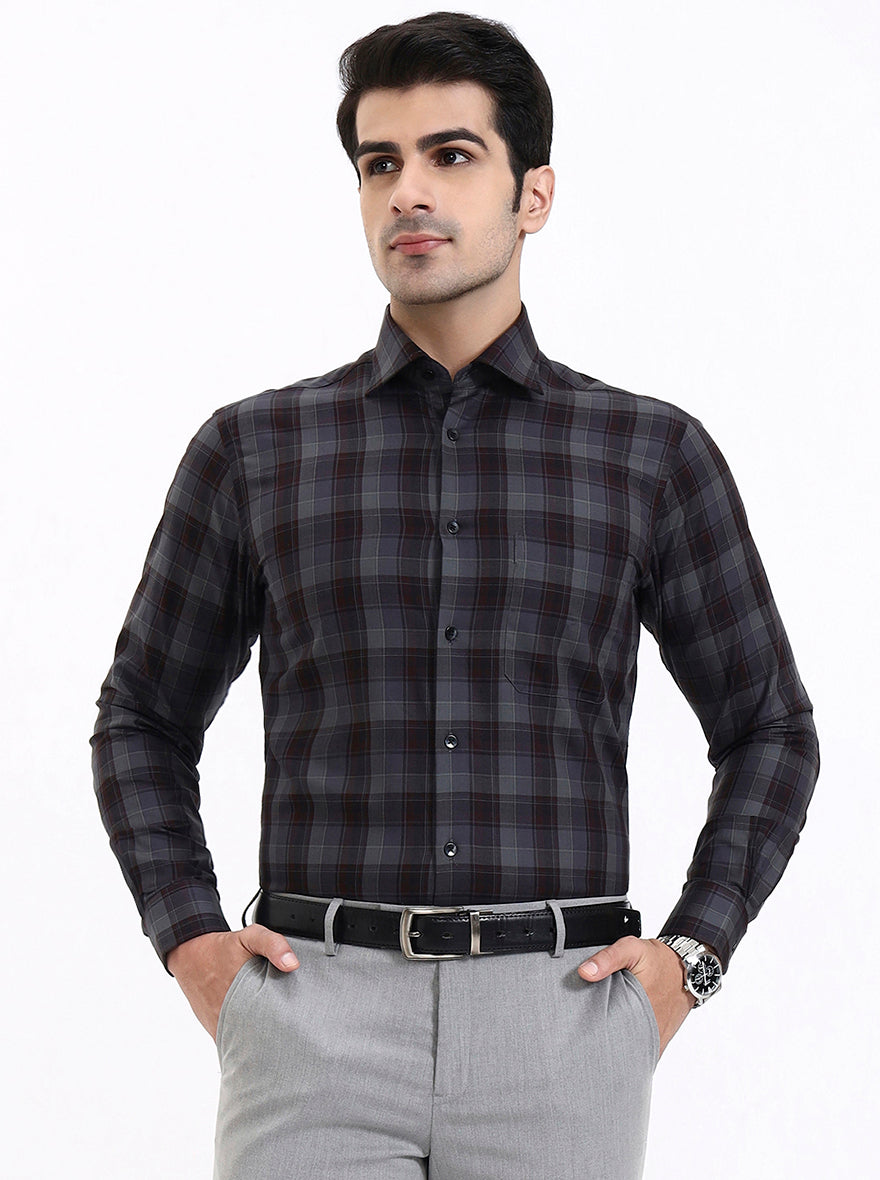 Grey & Maroon Checked Slim Fit Formal Shirt | Metal