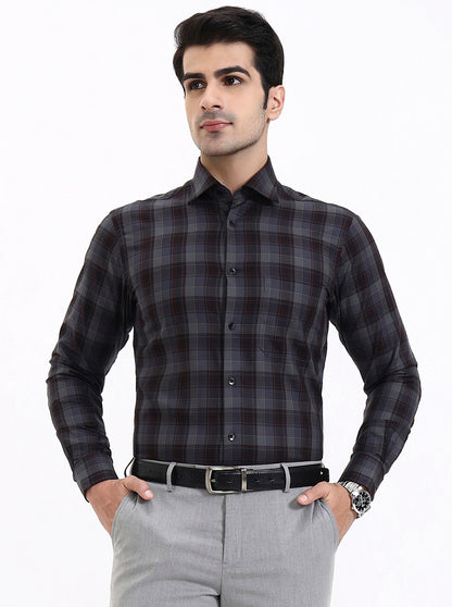 Grey & Maroon Checked Slim Fit Formal Shirt | Metal