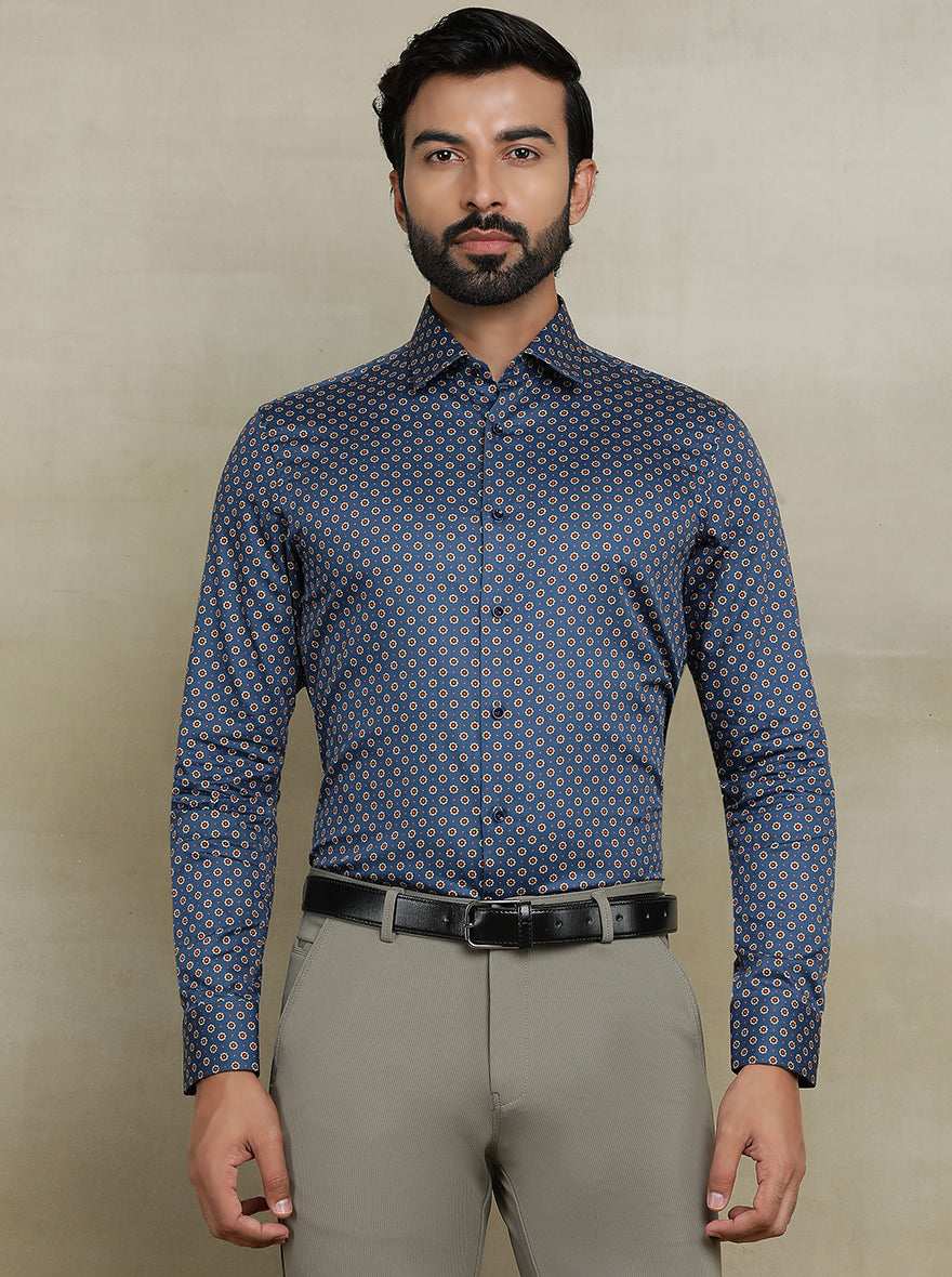 Navy Blue Printed Slim fit Party Wear Shirt | Wyre