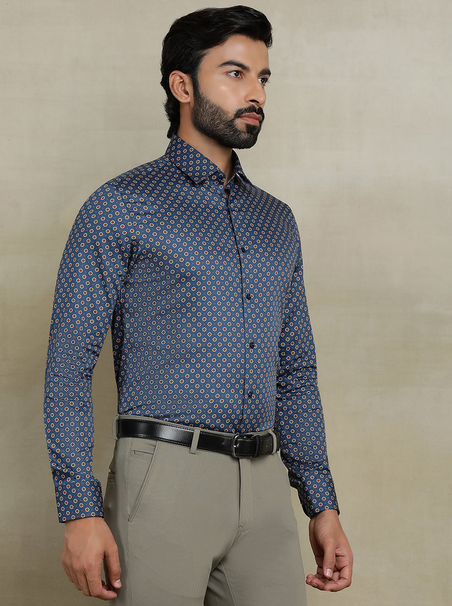 Navy Blue Printed Slim fit Party Wear Shirt | Wyre