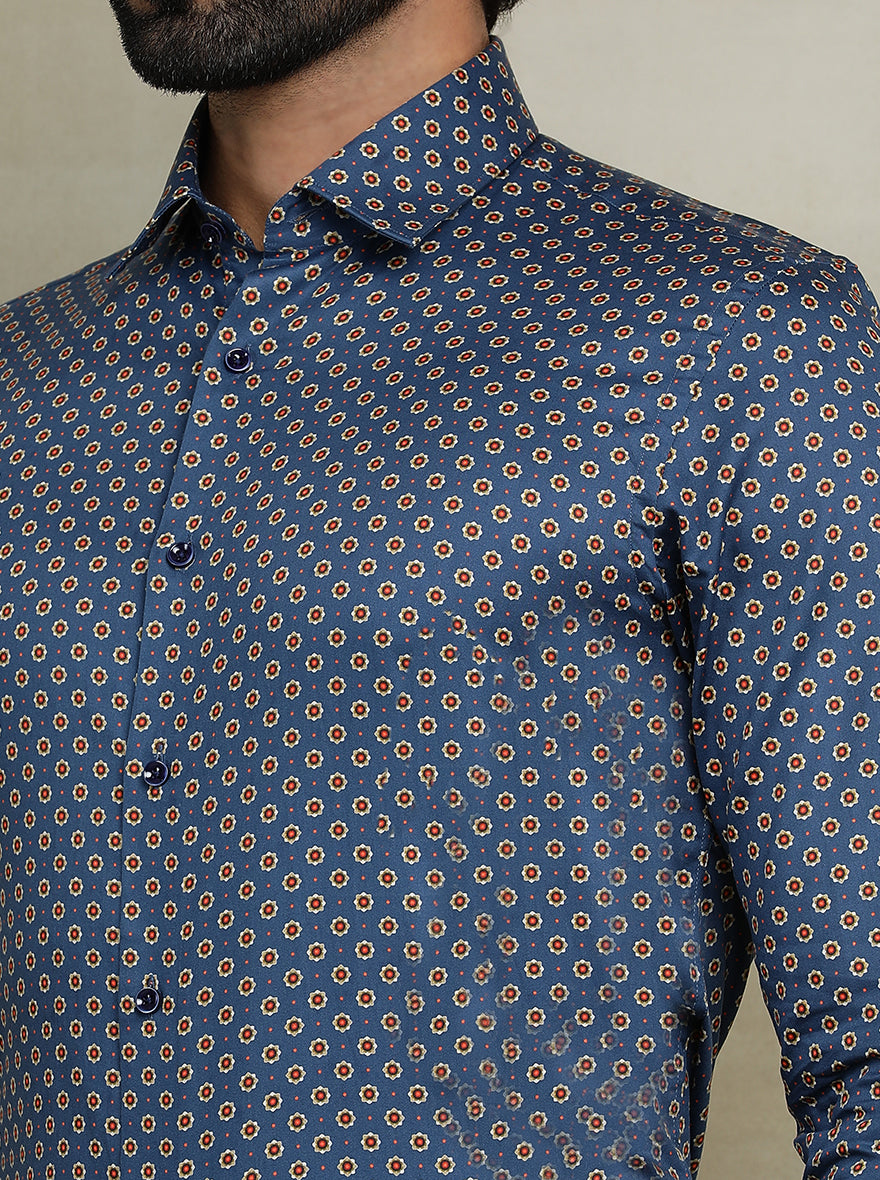 Navy Blue Printed Slim fit Party Wear Shirt | Wyre