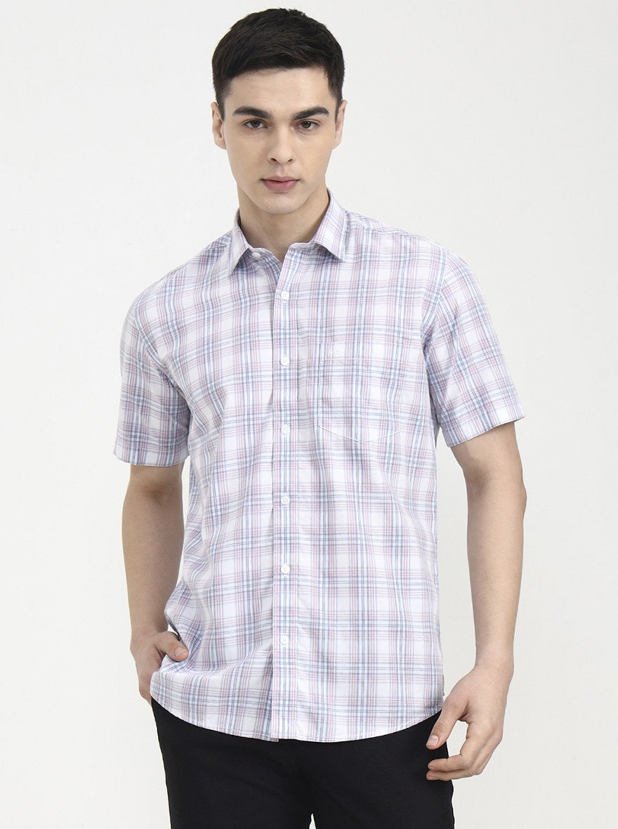 Pink Checked Tailored Fit Semi Casual Shirt | JadeBlue