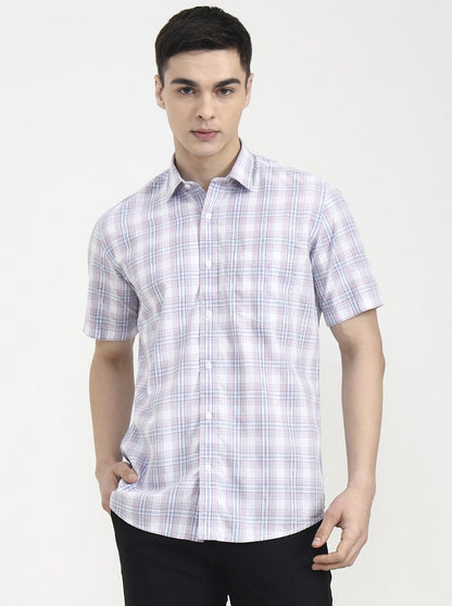 Pink Checked Tailored Fit Semi Casual Shirt | JadeBlue