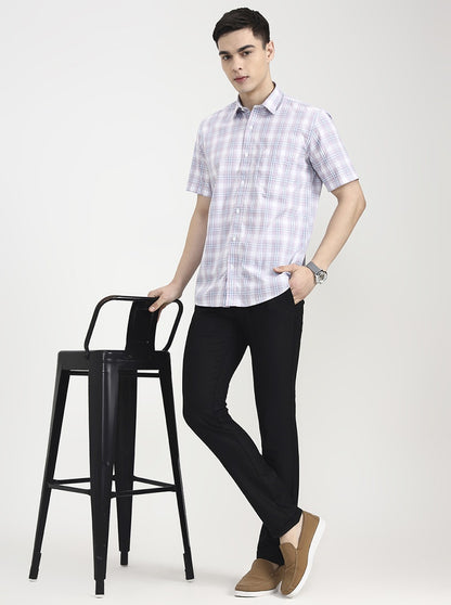 Pink Checked Tailored Fit Semi Casual Shirt | JadeBlue