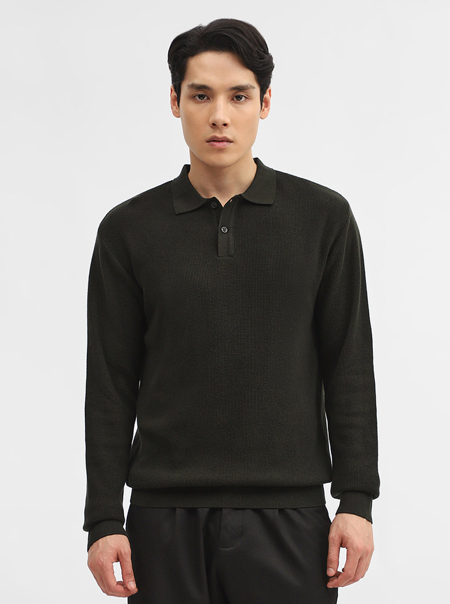 Dark Olive Jacquard Slim Fit Winter T-Shirt | JadeBlue