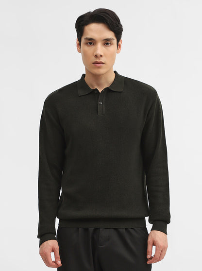 Dark Olive Jacquard Slim Fit Winter T-Shirt | JadeBlue