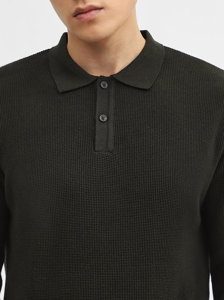 Dark Olive Jacquard Slim Fit Winter T-Shirt | JadeBlue