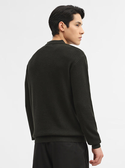 Dark Olive Jacquard Slim Fit Winter T-Shirt | JadeBlue