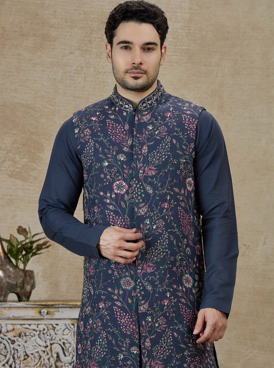 Navy Blue Embroidered Kurta Pajama with Koti | TULA