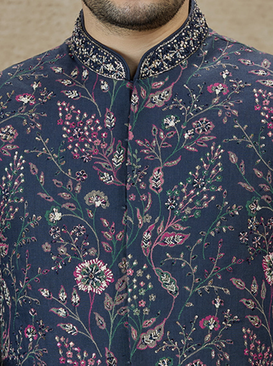 Navy Blue Embroidered Kurta Pajama with Koti | TULA