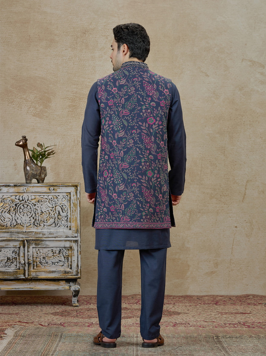 Navy Blue Embroidered Kurta Pajama with Koti | TULA