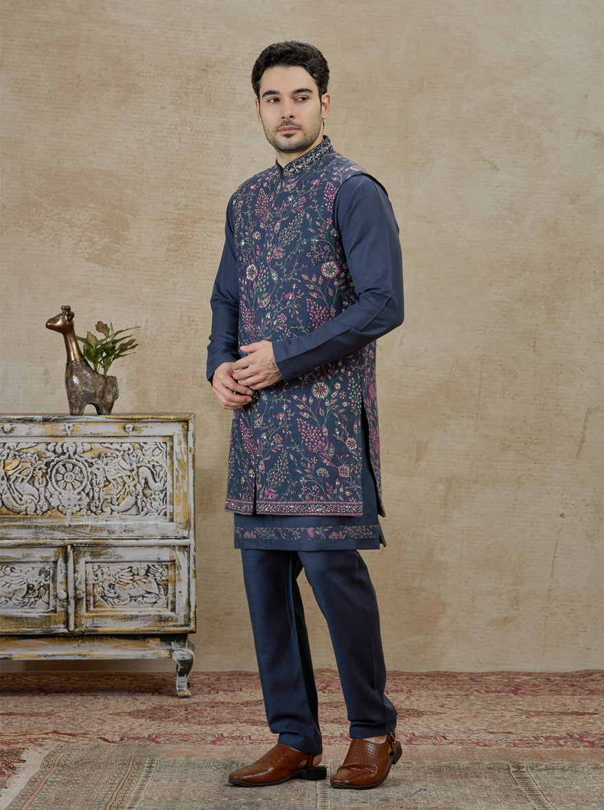 Navy Blue Embroidered Kurta Pajama with Koti | TULA