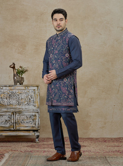 Navy Blue Embroidered Kurta Pajama with Koti | TULA