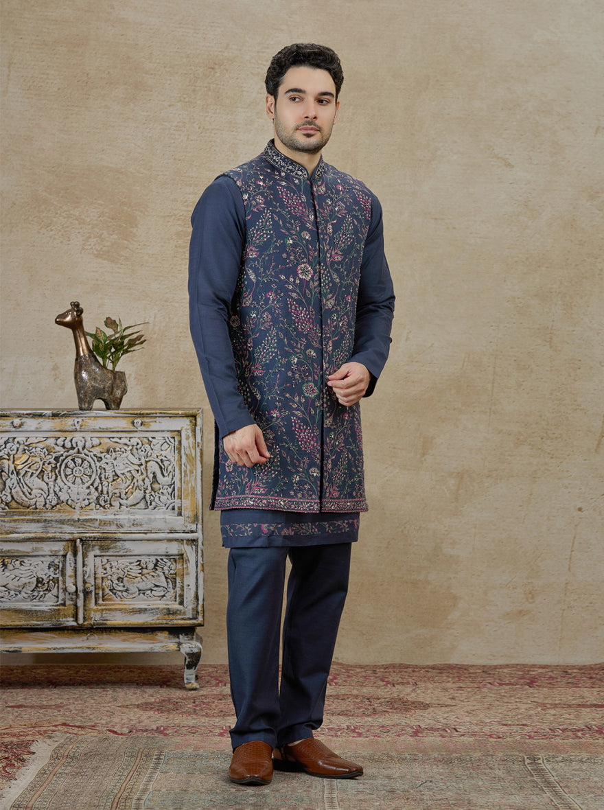 Navy Blue Embroidered Kurta Pajama with Koti | TULA