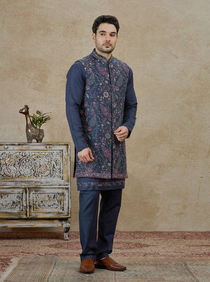 Navy Blue Embroidered Kurta Pajama with Koti | TULA