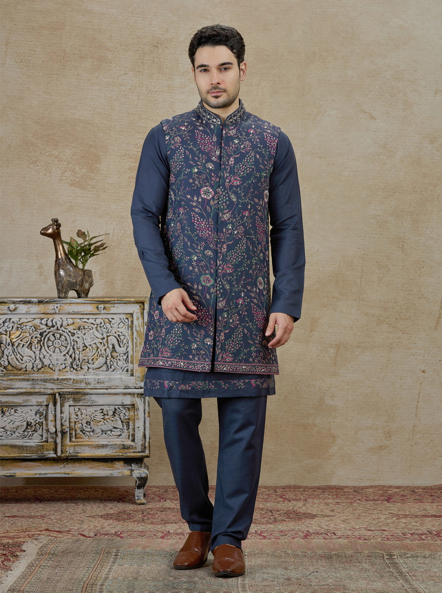 Navy Blue Embroidered Kurta Pajama with Koti | TULA