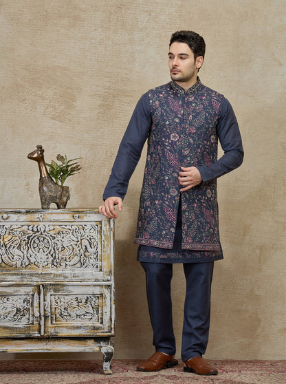 Navy Blue Embroidered Kurta Pajama with Koti | TULA