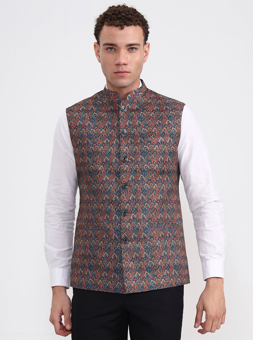 Maroon & Teal Printed Regular Fit Waistcoat  | JB Studio