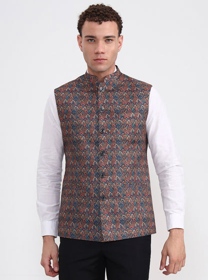 Maroon & Teal Printed Regular Fit Waistcoat  | JB Studio