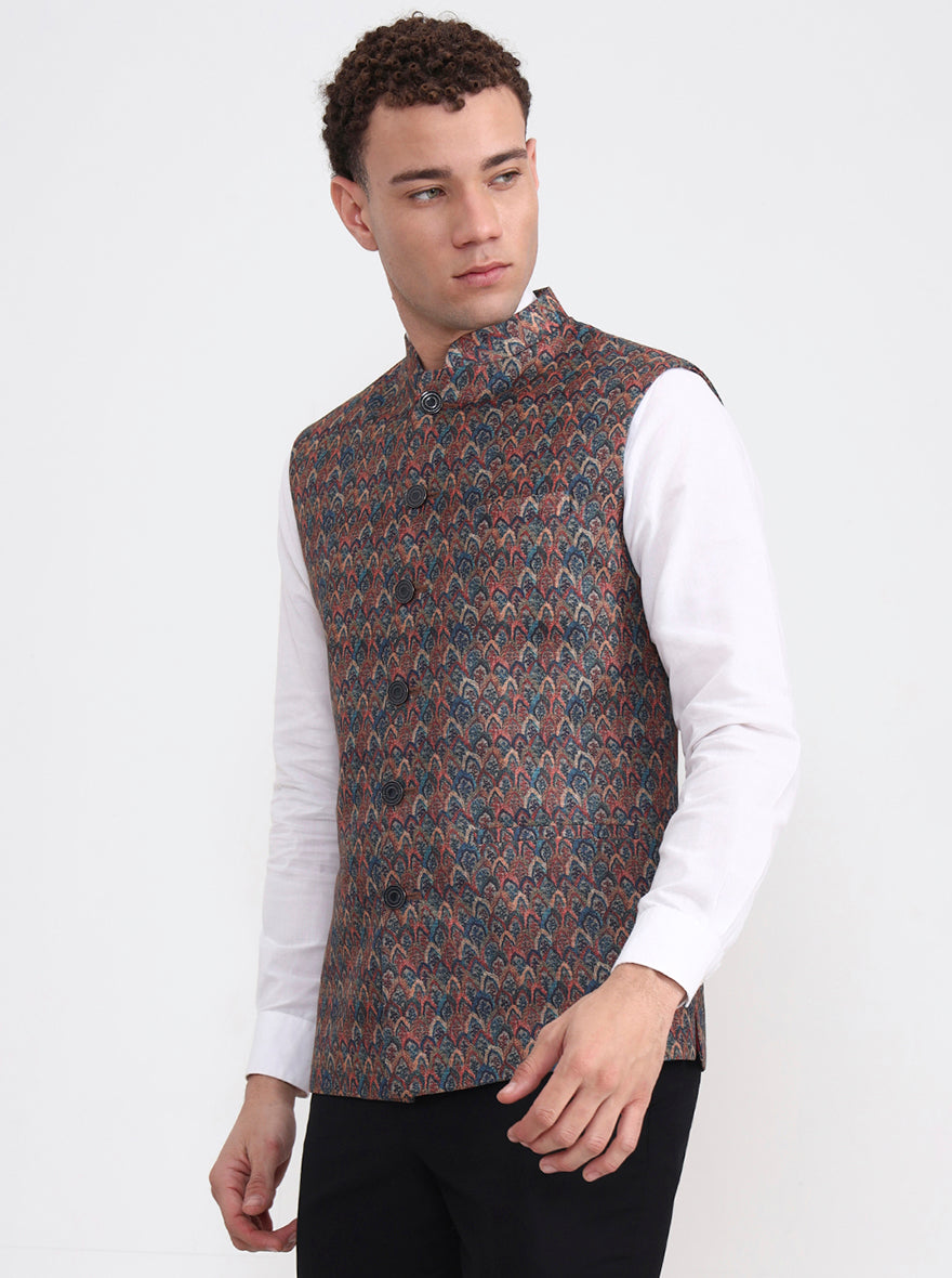 Maroon & Teal Printed Regular Fit Waistcoat  | JB Studio