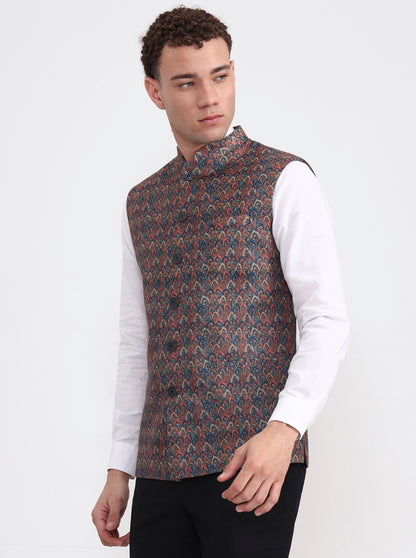 Maroon & Teal Printed Regular Fit Waistcoat  | JB Studio