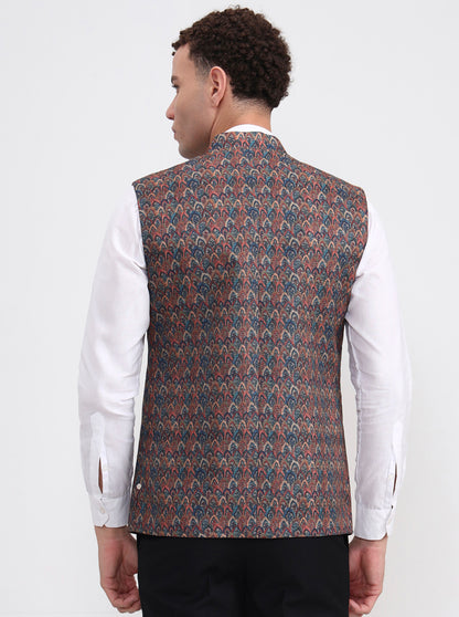 Maroon & Teal Printed Regular Fit Waistcoat  | JB Studio