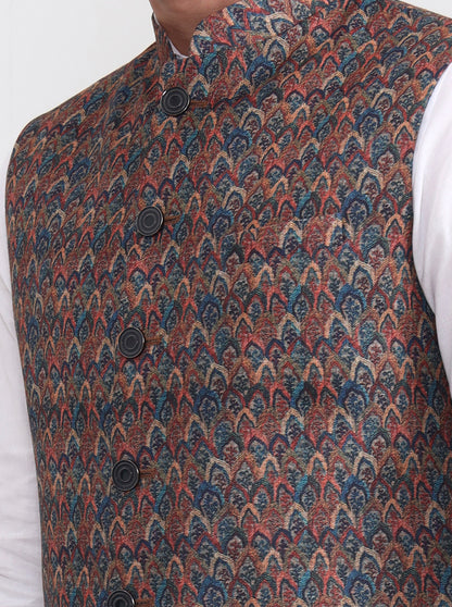 Maroon & Teal Printed Regular Fit Waistcoat  | JB Studio