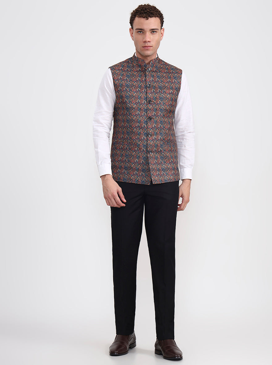 Maroon & Teal Printed Regular Fit Waistcoat  | JB Studio