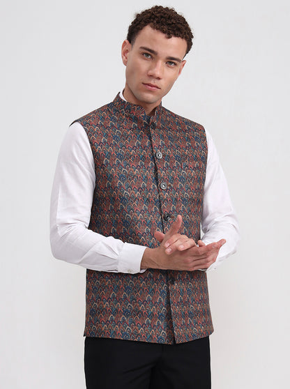 Maroon & Teal Printed Regular Fit Waistcoat  | JB Studio