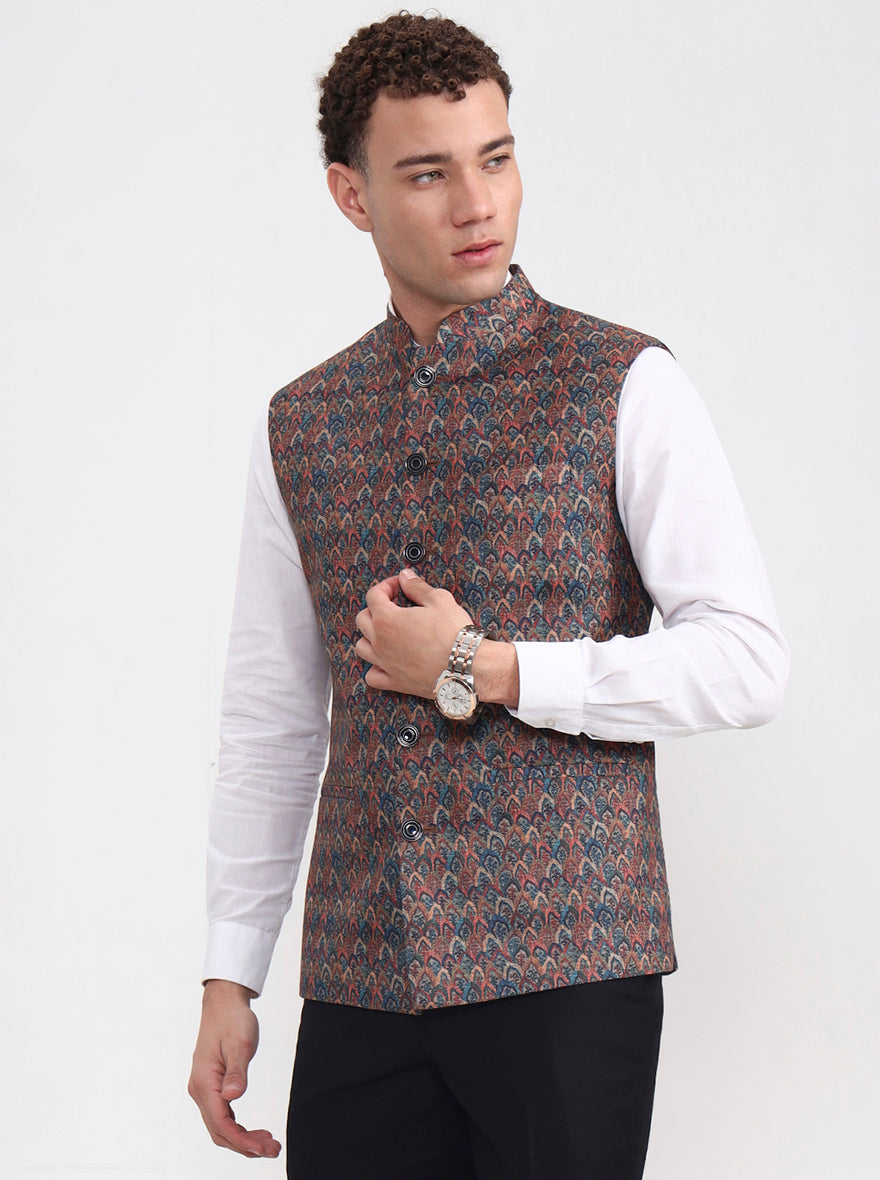 Maroon & Teal Printed Regular Fit Waistcoat  | JB Studio