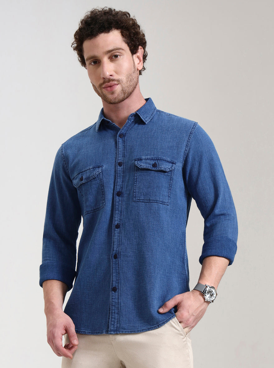 Navy Blue Solid Slim Fit Casual Shirt | JadeBlue
