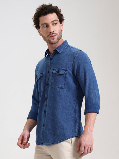 Navy Blue Solid Slim Fit Casual Shirt | JadeBlue