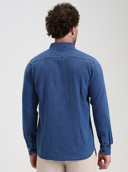 Navy Blue Solid Slim Fit Casual Shirt | JadeBlue