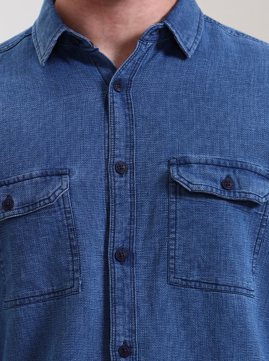Navy Blue Solid Slim Fit Casual Shirt | JadeBlue