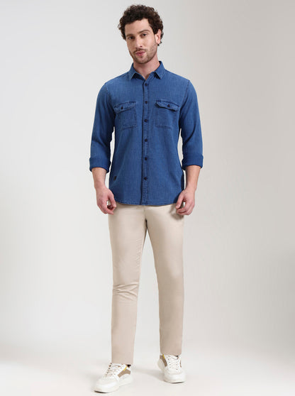 Navy Blue Solid Slim Fit Casual Shirt | JadeBlue