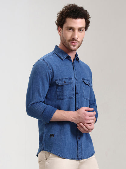Navy Blue Solid Slim Fit Casual Shirt | JadeBlue