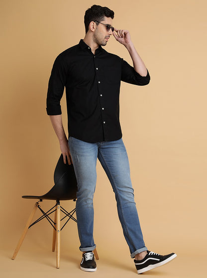 Black Solid Slim Fit Semi Casual Shirt | JadeBlue