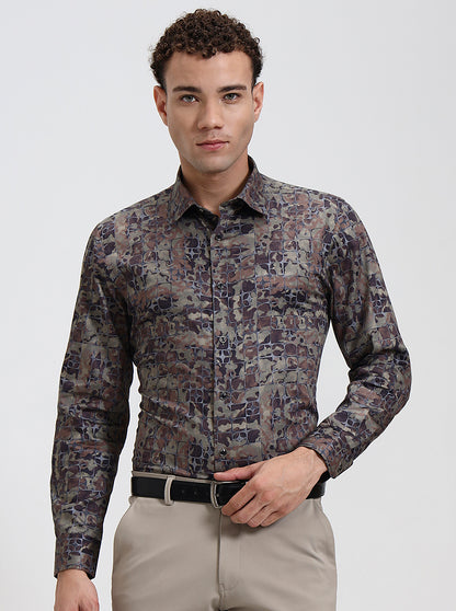 Olive Brown Printed Slim Fit Party Wear Shirt | Wyre