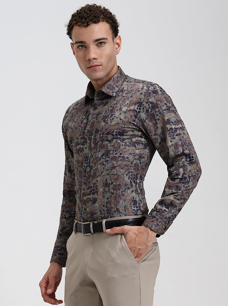 Olive Brown Printed Slim Fit Party Wear Shirt | Wyre