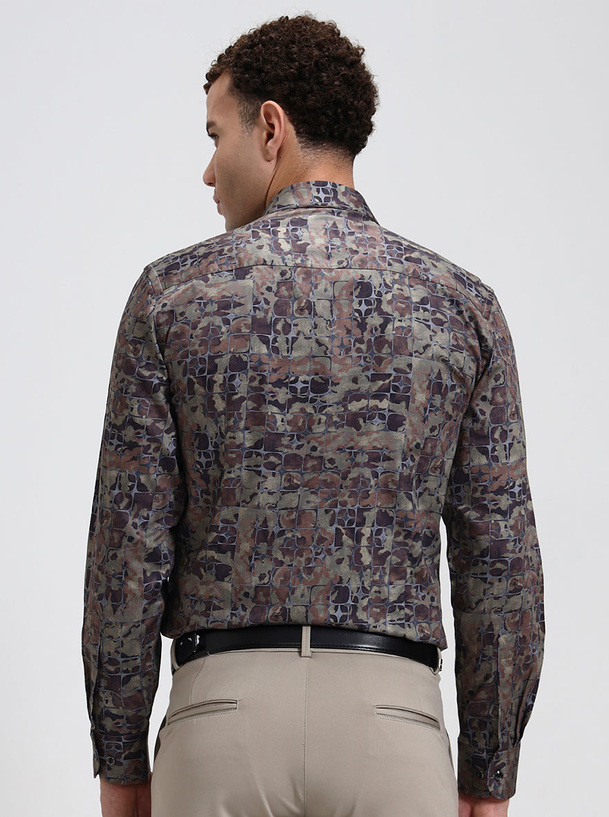 Olive Brown Printed Slim Fit Party Wear Shirt | Wyre