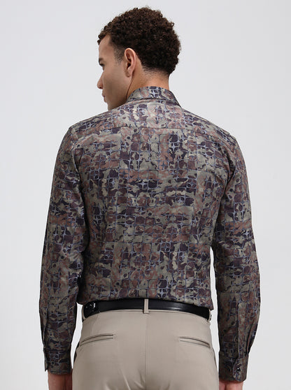 Olive Brown Printed Slim Fit Party Wear Shirt | Wyre