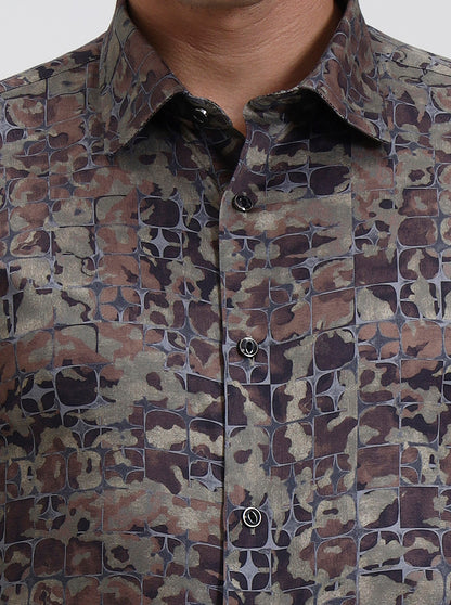 Olive Brown Printed Slim Fit Party Wear Shirt | Wyre