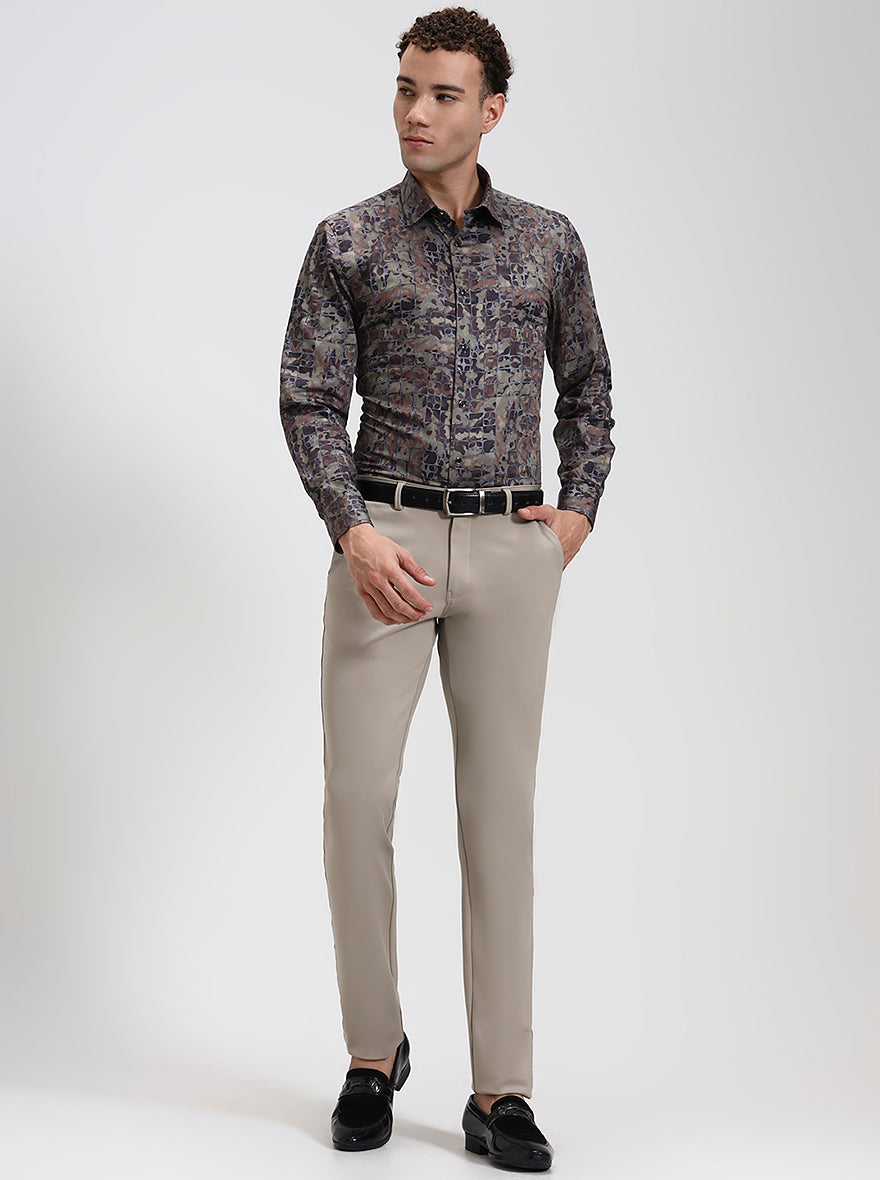 Olive Brown Printed Slim Fit Party Wear Shirt | Wyre