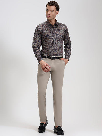 Olive Brown Printed Slim Fit Party Wear Shirt | Wyre