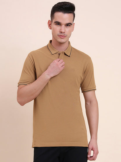Camel Brown Solid Slim Fit Polo T-Shirt | Greenfibre