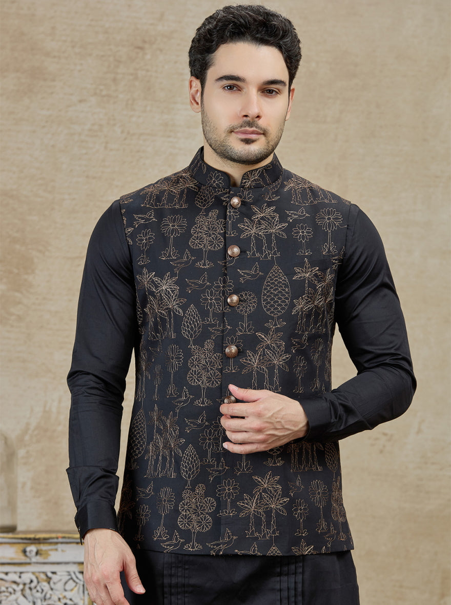 Black Embroidered Kurta Pajama with Koti | TULA